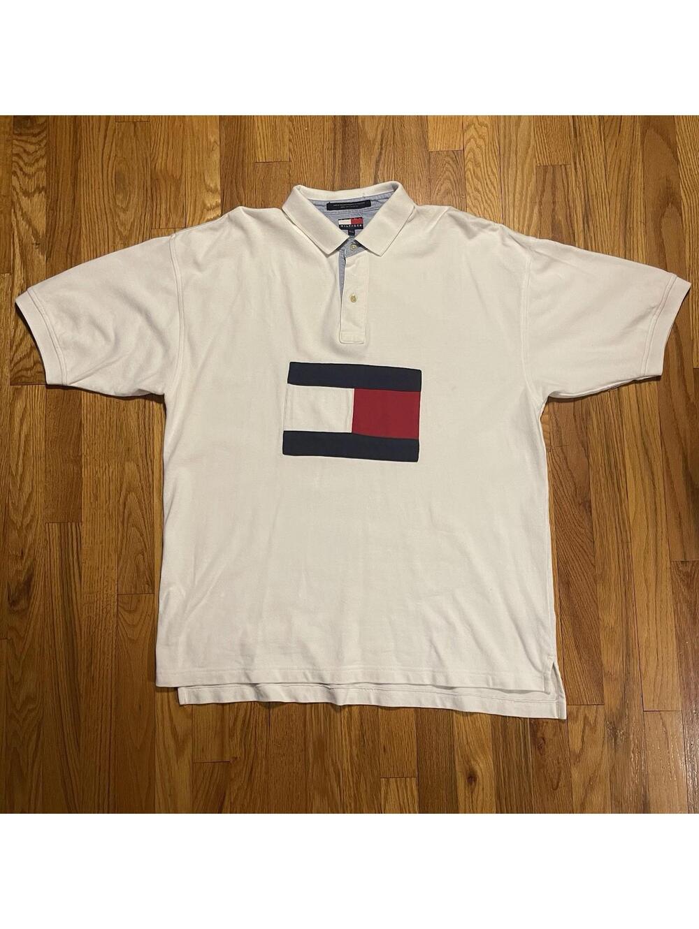 Tommy Hilfiger Big Logo Short Sleeve Polo Shirt Flag Patch White Mens Size XL